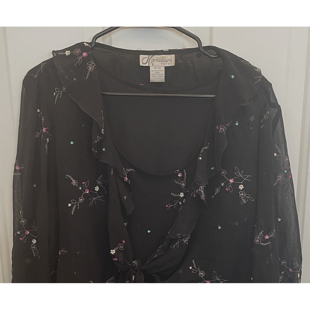 Dressbarn Black Floral Long Sheer Ruffle‎ Sleeve Fairy Top Womens 18/20 Witchy